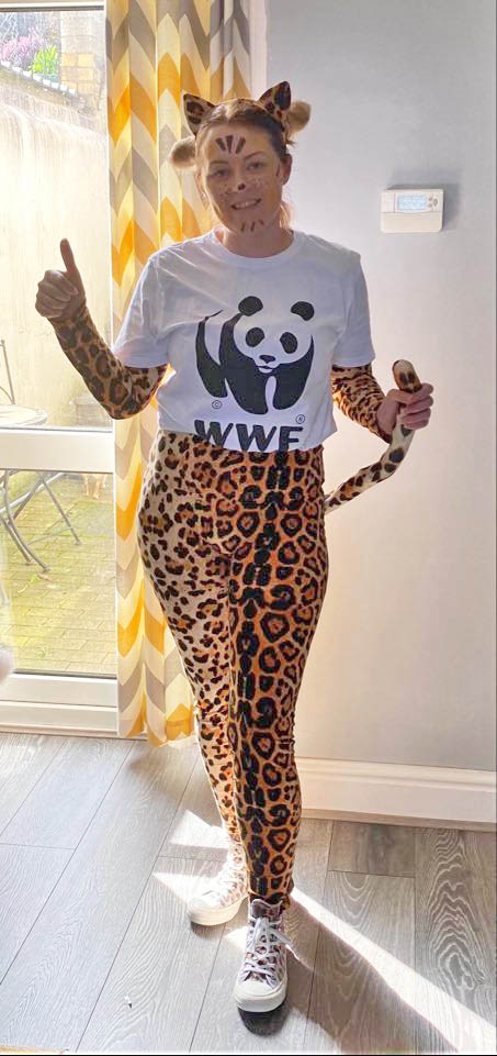 Victoria Gauden dressed up for the last three miles of her WWF charity walk around Bargoed