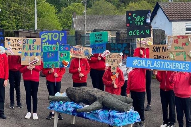 Pupils at Crumlin High Level Primary School protest to raise awareness of plastic pollution
