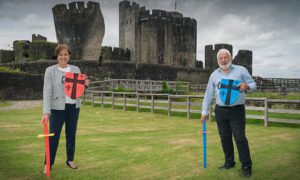 Welsh Government Deputy Minister Dawn Bowden and Cadw head Gwilym Hughes at Caerphilly Castle