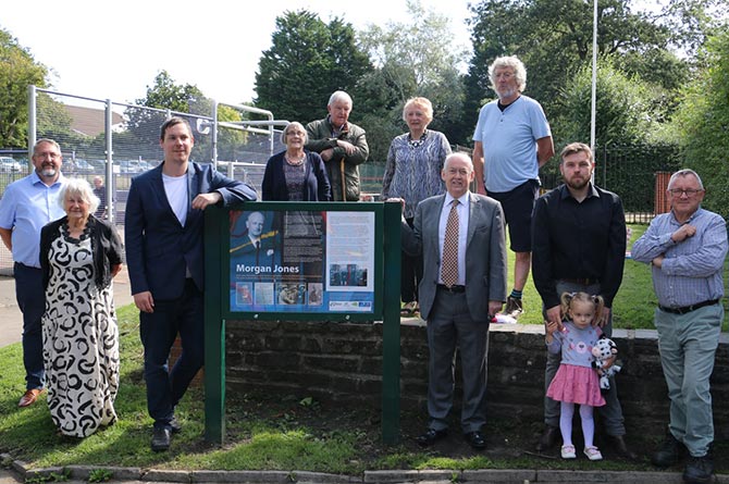 Caerphilly MP Wayne David, Councillors Jamie Pritchard and Shayne Cook, and members of Gelligaer Historical Society at the new Morgan Jones information board