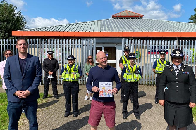 Cllr Jamie Pritchard, left, author Mike Church, centre, and Chief Constable Pam Kelly, right, at Van Community Centre