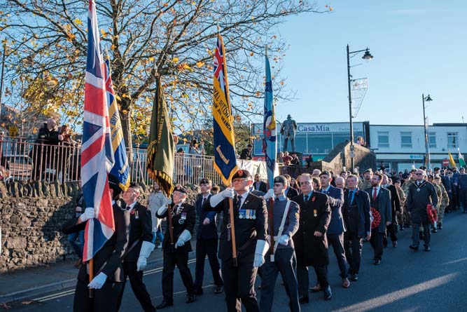 Remembrance Sunday parade in Caerphilly town centre