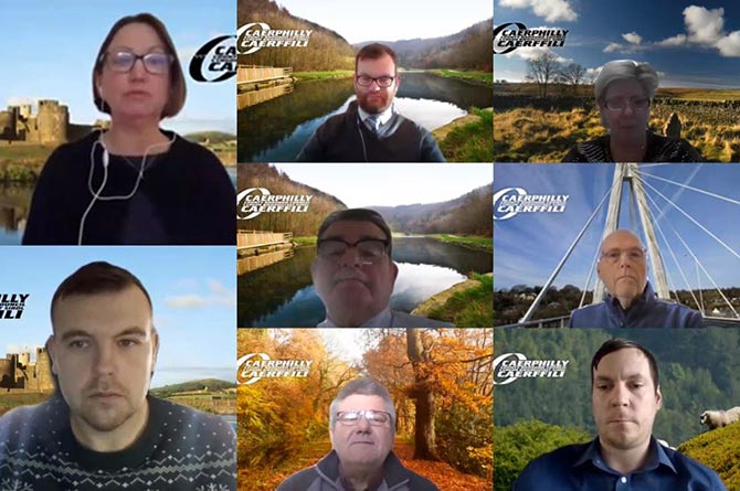 Caerphilly County Borough Council cabinet members during a virtual meeting
