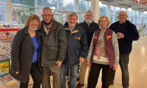 From left: Blackwood Rotary Club members Janet and Ian Johnston, Phillip Williams, Ian Brimble, Sainsbury’s Linda Korczynski and Reverend Trevor Morgan