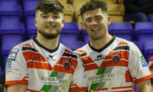 Jacob Lee, left, and Joe Coope-Franklin after their Salford Red Devils debut
