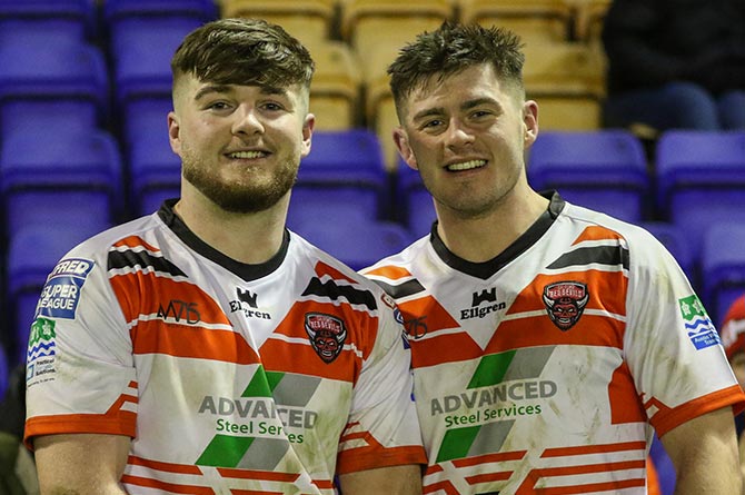 Jacob Lee, left, and Joe Coope-Franklin after their Salford Red Devils debut