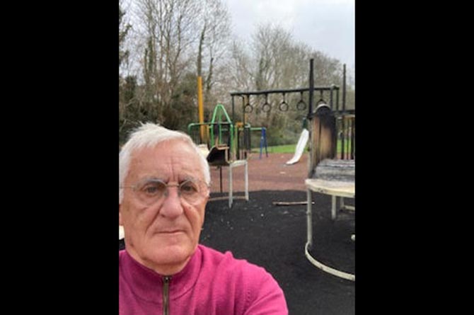 Cllr Roy Saralis at Woodfieldside Playground following the arson attack