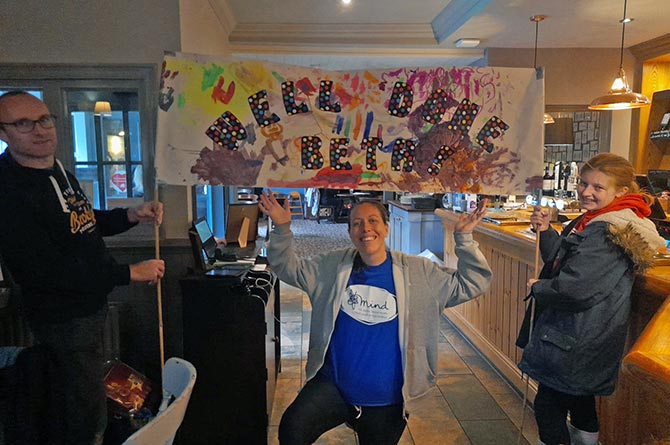 Beth's colleagues at the Darran pub in Risca celebrating her fundraising success