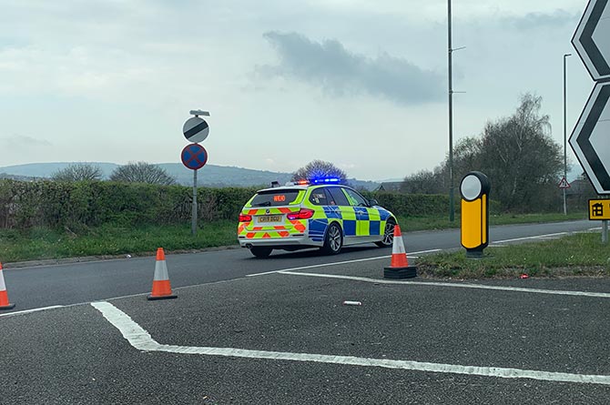 A police car near the Penrhos roundabout in Caerphilly