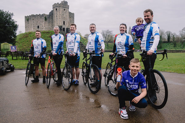 Cyclists ready to set off from Cardiff Castle as Hywel Evans prepares his starting klaxon