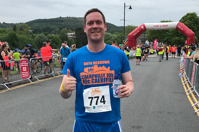 Councillor Jamie Pritchard shortly after crossing the Caerphilly 10k finishing line