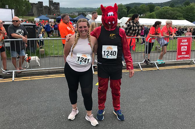 Helen Shades took part in her first Caerphilly 10k and was joined by her father Michael Garrett, who was dressed as a dragon