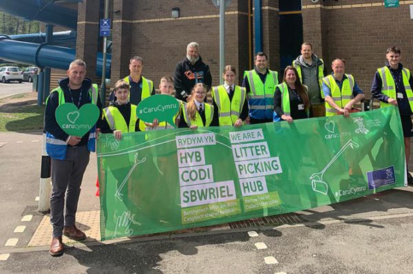 Newbridge Comprehensive School pupils at the unveiling of the new litter picking hub