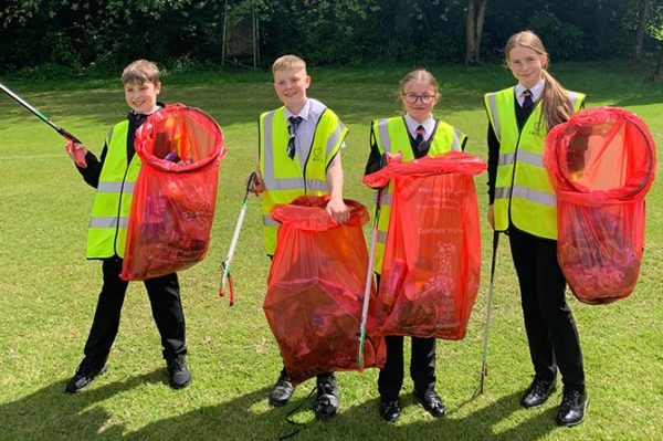 Newbridge Comprehensive School pupils with equipment borrowed from the Keep Wales Tidy litter-picking hub