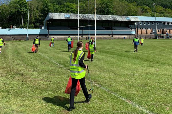 Newbridge Comprehensive School pupils litter-picking at Newbridge Rugby Club