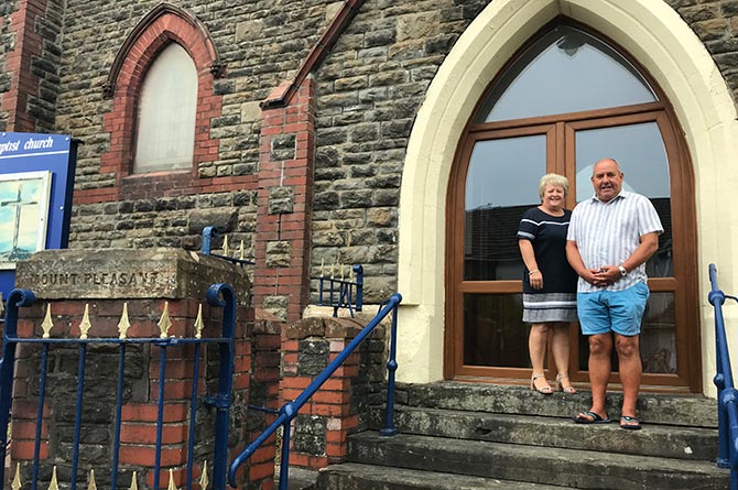 Andy and Julie Baker on the steps of Mount Pleasant Baptist Church in Blackwood