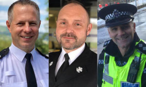 Chief Superintendent Marc Budden, the force’s temporary assistant chief constable, left, and former Chief Superintendent Mark Warrender, centre, who oversaw policing for Caerphilly and Chief Inspector Paul Staniforth