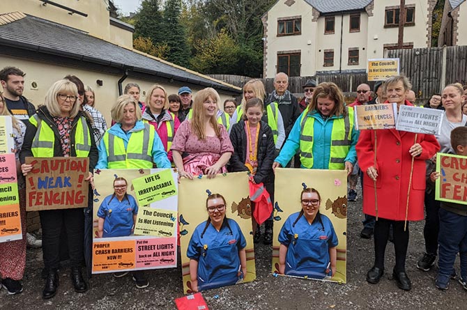 Protesters gathered outside the Black Prince pub in Ynysddu