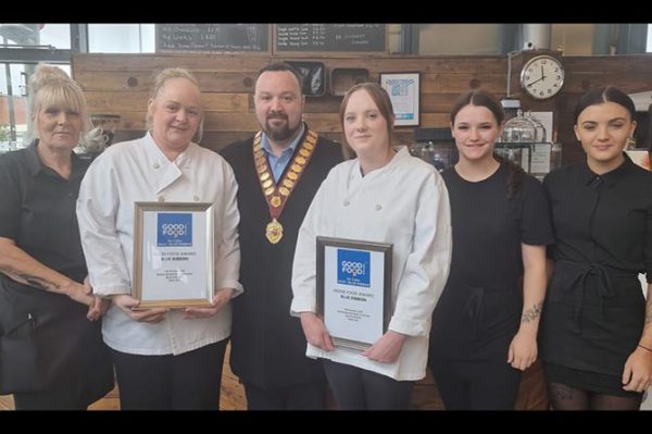 Staff at the Plaza Cafe with Blackwood Town Mayor George Edwards