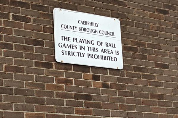 'No Balls Game' signs like this one on Maxton Court, Caerphilly, are set to be removed