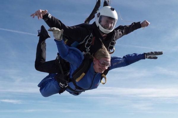 Cheryl Williams thousands of feet above Swansea during her tandem skydive 