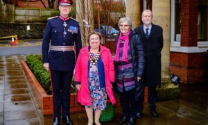 From left: Brigadier Robert Aitken, Mayor Liz Aldworth, Caerphilly Miners' Centre Secretary Katherine Hughes and Gwent Police and Crime Commissioner Jeff Cuthbert