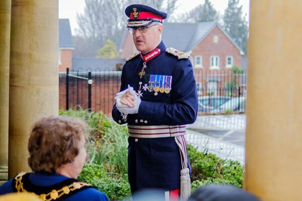 The Lord Lieutenant of Gwent, Brigadier Robert Aitken CBE, at the Caerphilly Miners' Centre