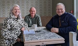 Karen James, of Libanus Lifestyle, left, with Blackwood councillors Nigel Dix, centre, and Andrew Farina-Childs