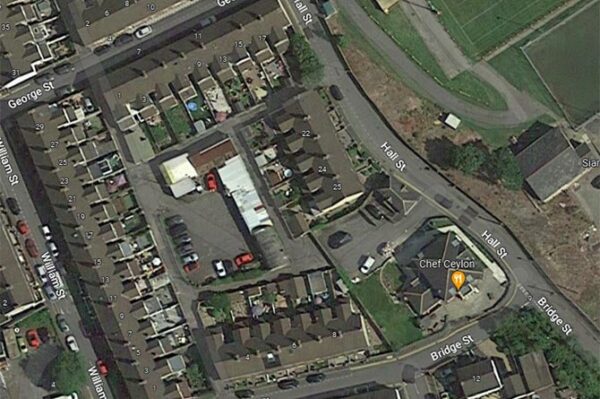 An aerial view of the garages