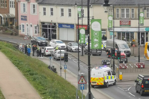 Police at Castle Street, Caerphilly town centre, on Thursday afternoon