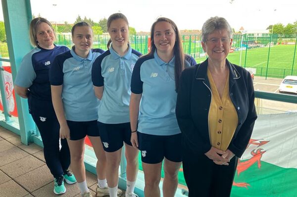 Jane Hutt, right, met Cardiff City women's players to learn about how the club supports them around their menstrual cycles