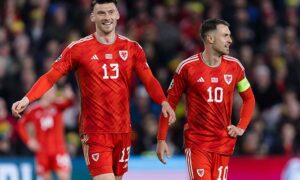 Wales' Kieffer Moore, left, and Aaron Ramsey
