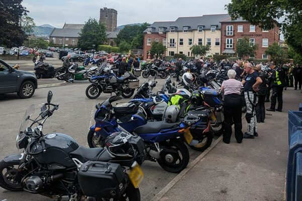 Motorcycles parked in Abergavenny, the half-way point on their charity ride