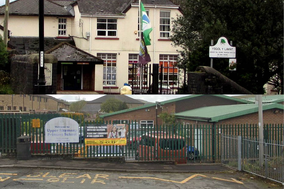 Ysgol y Lawnt, above, and Upper Rhymney Primary School