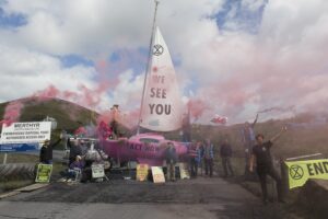 Protesters at the entrance to Ffos y Fran mine near Merthyr Tydfil last year