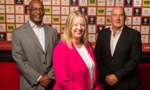 New WRU chief executive Abi Tierney with Nigel Walker, left, and Richard Collier-Keywood