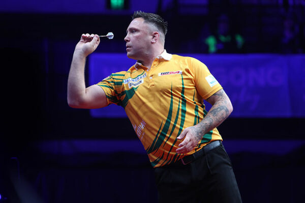 Gerwyn Price sporting Australian colours during the New South Wales Darts Masters