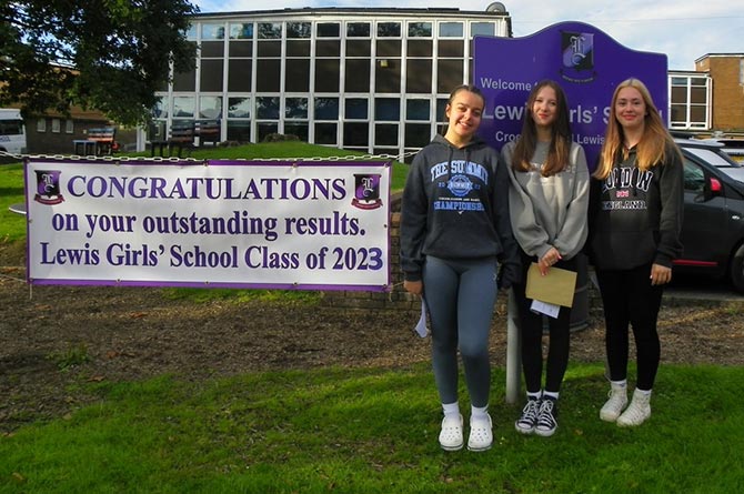 Pupils at Lewis Girls' School in Ystrad Mynach on GCSE results day