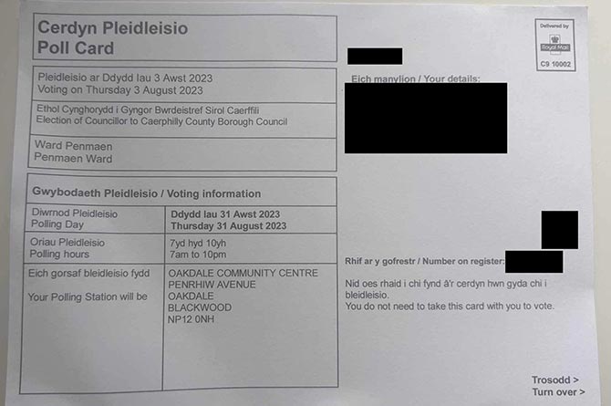 The polling card issued for the Penmaen ward by-election included an incorrect date