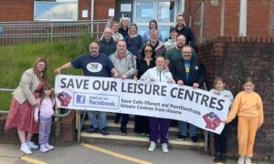 Campaigners outside Pontllanfraith Leisure Centre