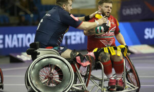 Harry Jones of Wales takes on USA's Matthew Wooloff in last year's Wheelchair Rugby League World Cup