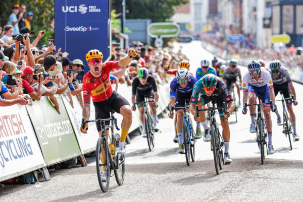 Rasmus Tiller crossing the line of the Gloucester stage of the Tour of Britain  