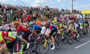 Cyclists passing through Caerphilly town centre