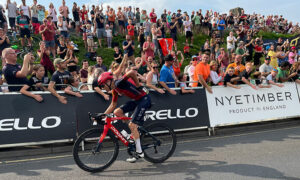 Spain's Carlos Rodriguez cycles past crowds in Caerphilly