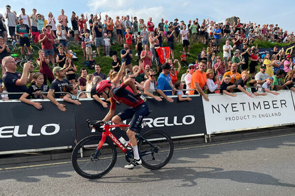 Spain's Carlos Rodriguez cycles past crowds in Caerphilly