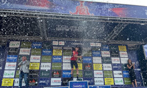 Carlos Rodriguez celebrates his Tour of Britain stage win