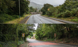 The conflicting signs when entering each end of Machen