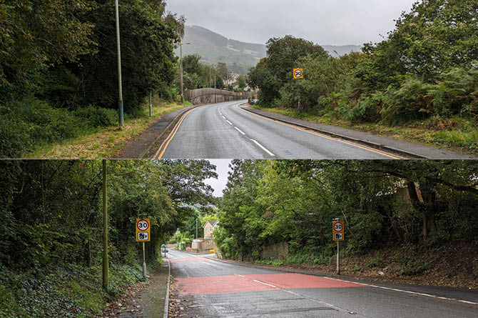 The conflicting signs when entering each end of Machen