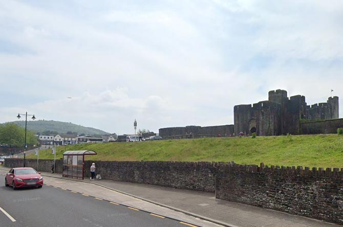 The bus stop on Castle Street, outside Caerphilly Castle