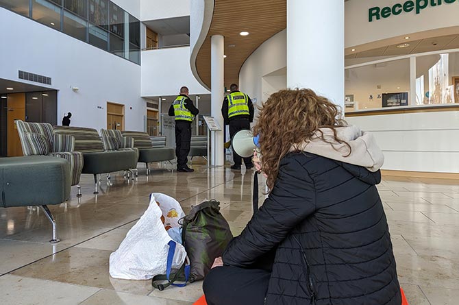 A protester chained herself to a pillar at Ty Penallta